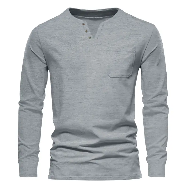 Men Blue Long Sleeve V-Neck T-Shirt with Button Front