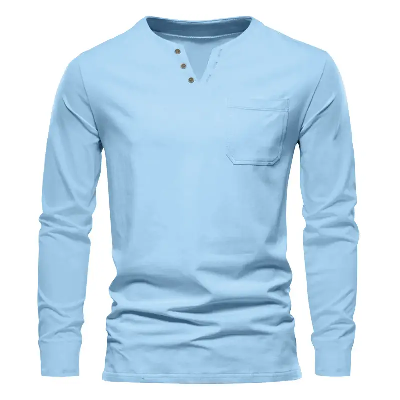 Men Blue Long Sleeve V-Neck T-Shirt with Button Front