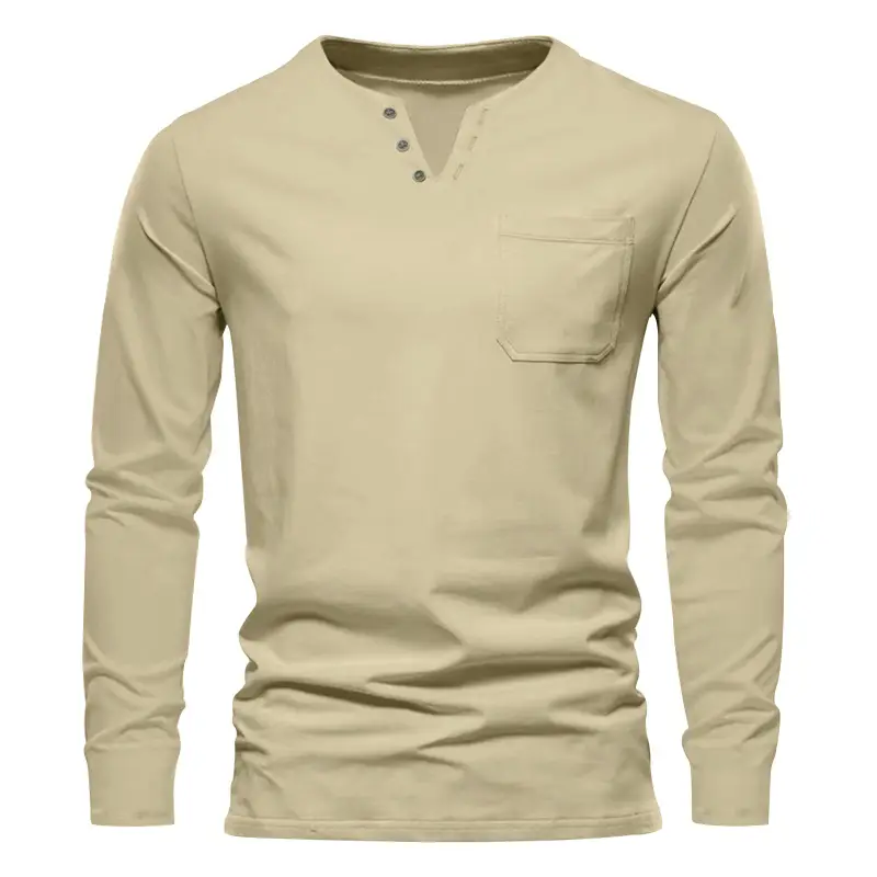 Men Blue Long Sleeve V-Neck T-Shirt with Button Front
