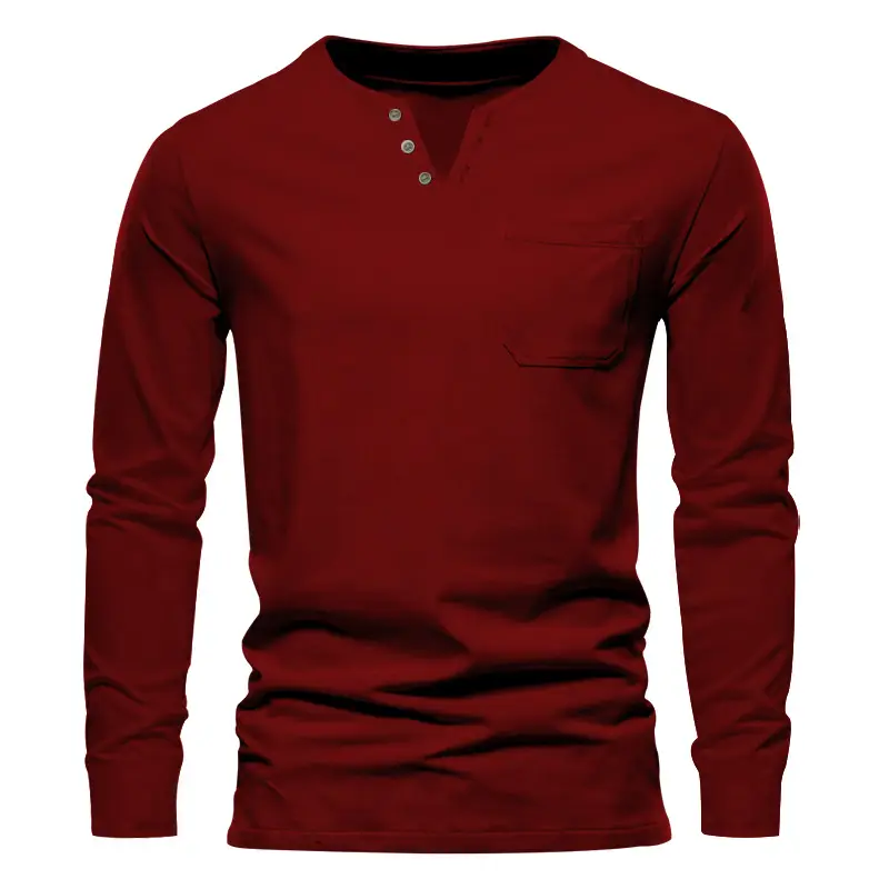 Men Blue Long Sleeve V-Neck T-Shirt with Button Front