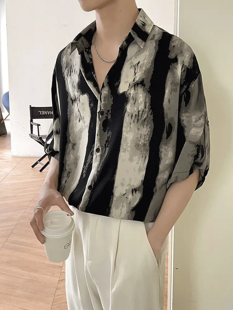 Men Ink Print Seven Point Sleeve Shirt Black White
