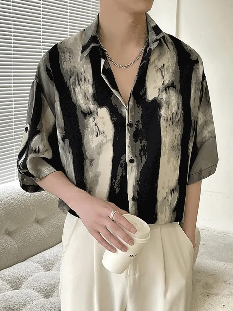 Men Ink Print Seven Point Sleeve Shirt Black White
