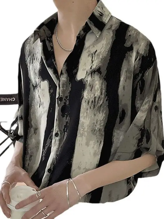 Men Ink Print Seven Point Sleeve Shirt Black White