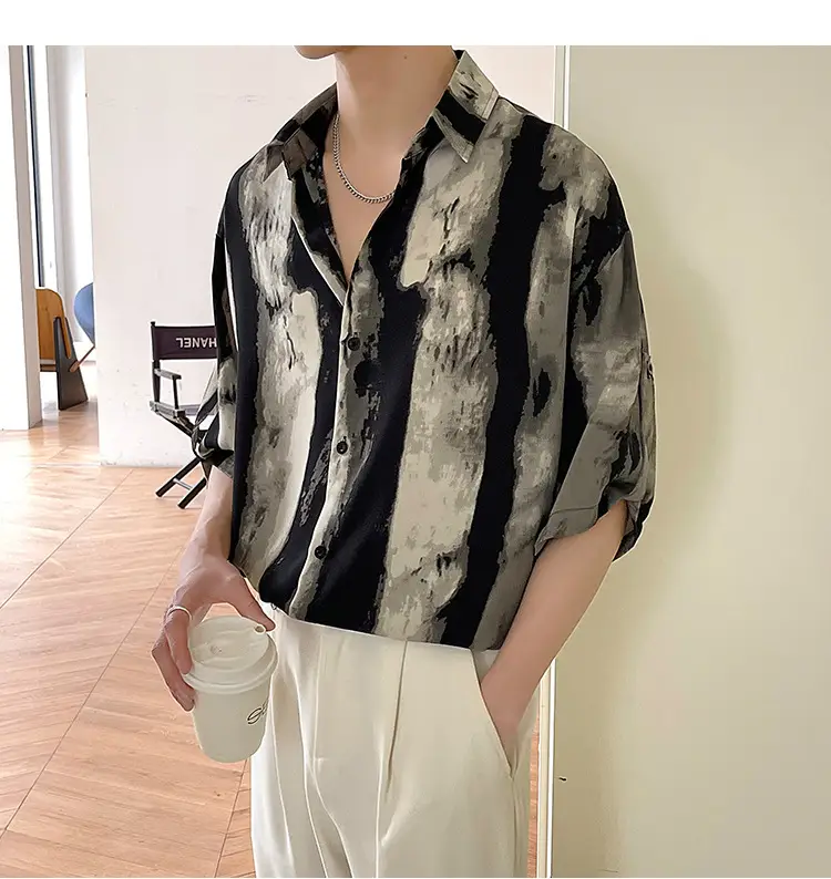 Men Ink Print Seven Point Sleeve Shirt Black White — feature 10