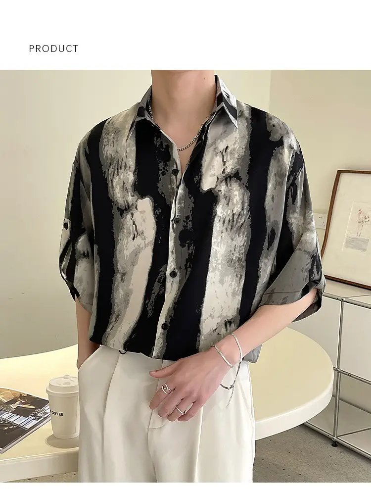 Men Ink Print Seven Point Sleeve Shirt Black White — feature 2