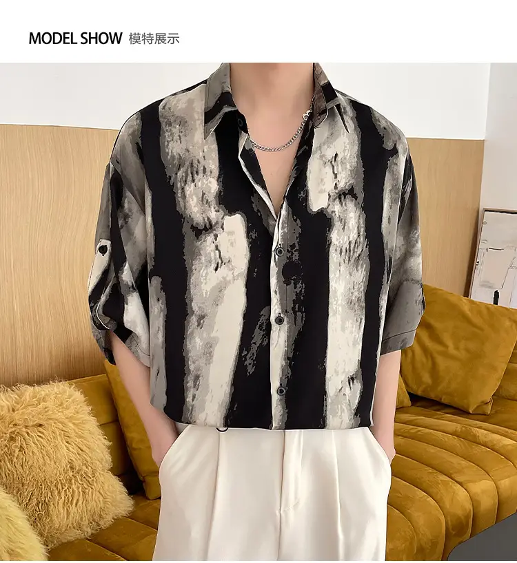 Men Ink Print Seven Point Sleeve Shirt Black White — feature 3