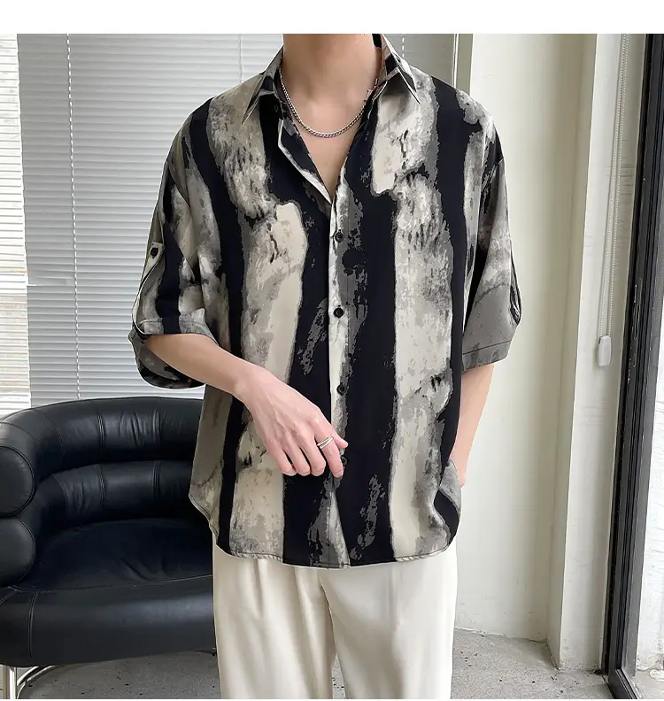 Men Ink Print Seven Point Sleeve Shirt Black White — feature 4