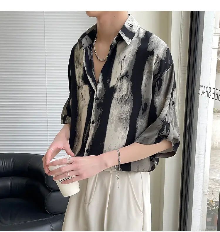 Men Ink Print Seven Point Sleeve Shirt Black White — feature 6
