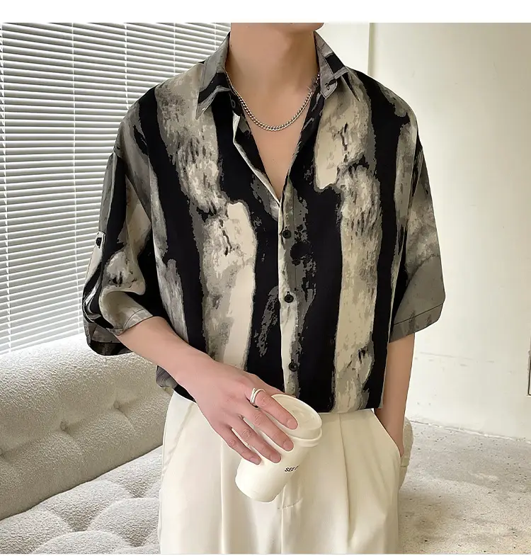 Men Ink Print Seven Point Sleeve Shirt Black White — feature 7
