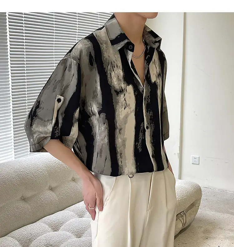 Men Ink Print Seven Point Sleeve Shirt Black White — feature 9