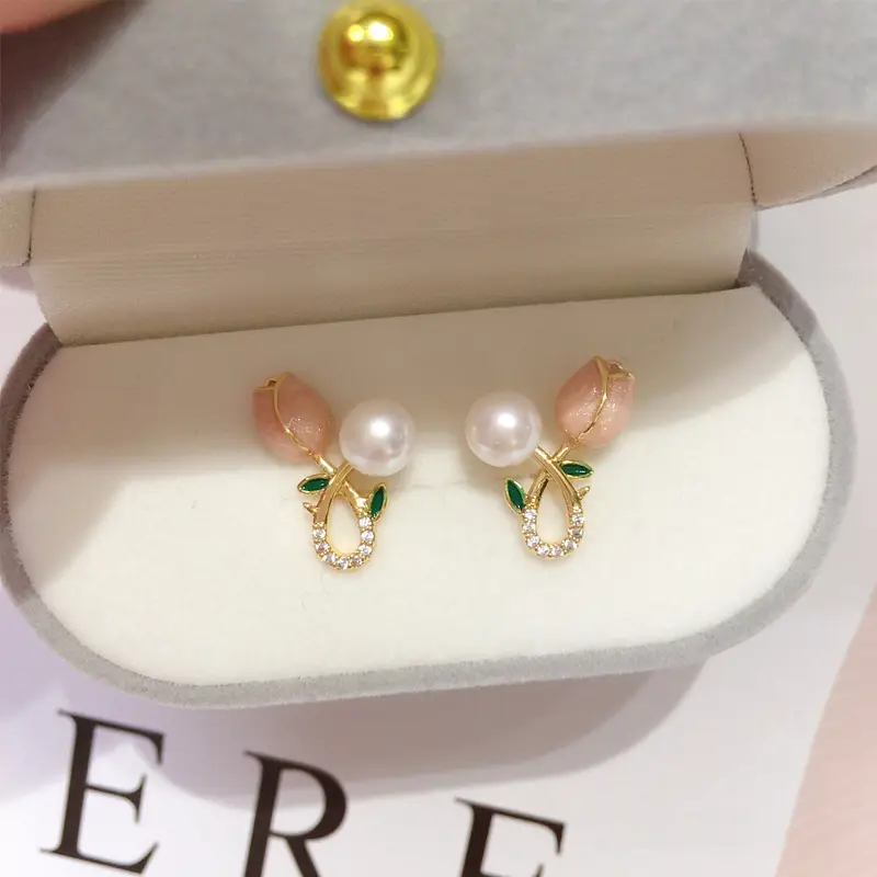 2023 Natural Freshwater Pearl Earrings 18K Gold Pink Tulip Sweet Earrings - Image 4