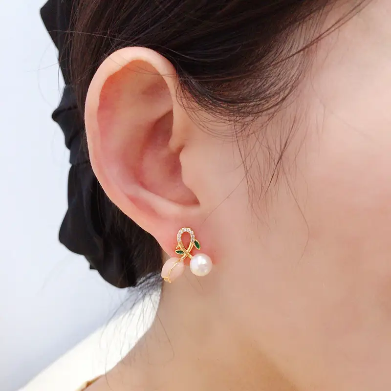 2023 Natural Freshwater Pearl Earrings 18K Gold Pink Tulip Sweet Earrings - Image 6