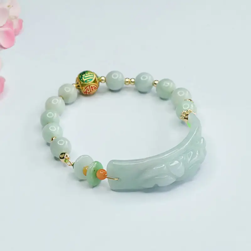 Guan Yu Jade Bracelet with Pixiu Pendant & Enamel Beads
