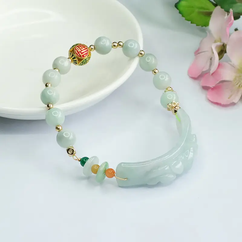 Guan Yu Jade Bracelet with Pixiu Pendant & Enamel Beads