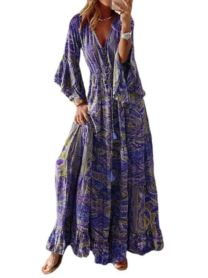 2023 Bell Sleeve Printed V-Neck Long Dress Women - Image 8