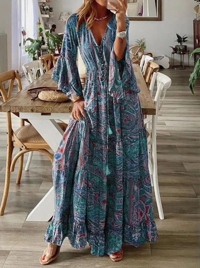 2023 Bell Sleeve Printed V-Neck Long Dress Women - Image 3