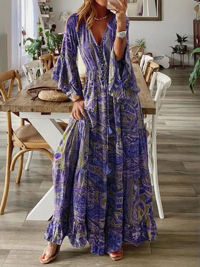 2023 Bell Sleeve Printed V-Neck Long Dress Women - Image 4
