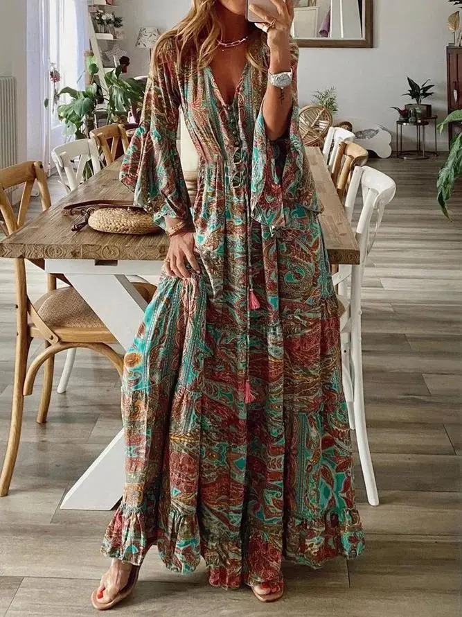 2023 Bell Sleeve Printed V-Neck Long Dress Women - Image 6
