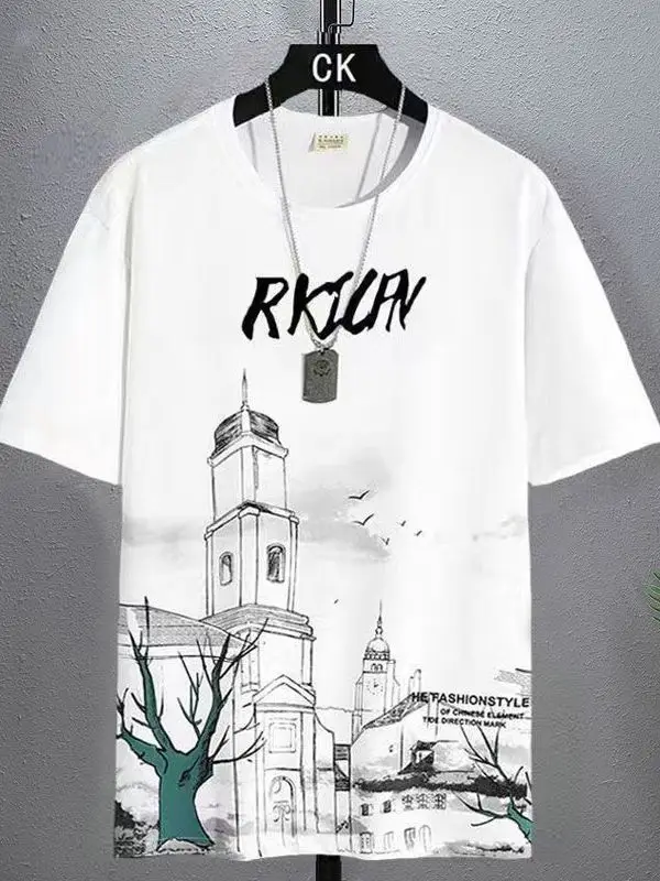 Men's Black Graphic T-Shirt with Tower Design Large - Image 10