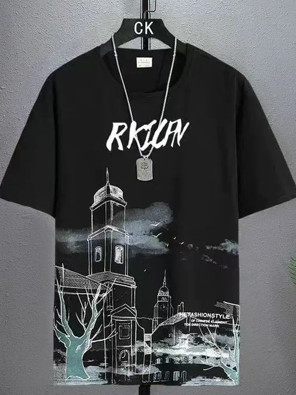 Men's Black Graphic T-Shirt with Tower Design Large - Image 11