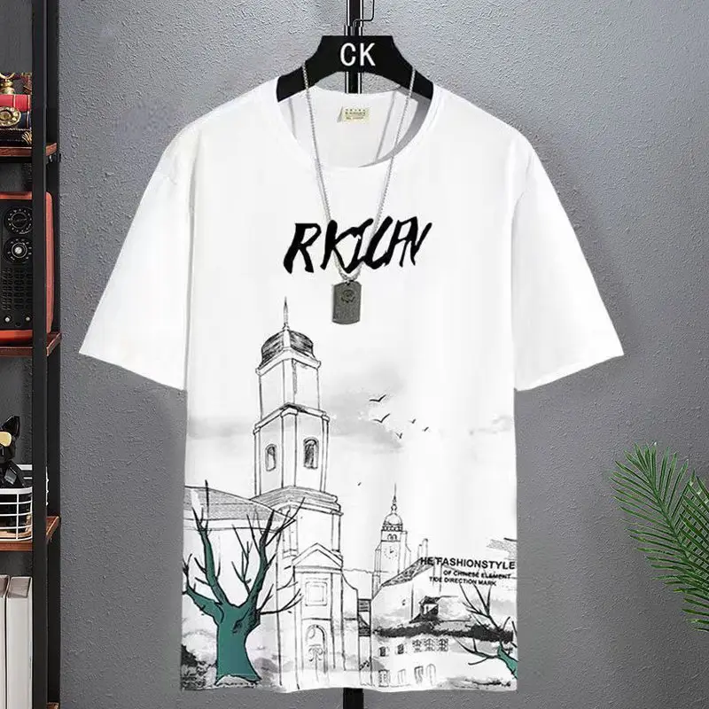Men's Black Graphic T-Shirt with Tower Design Large - Image 3