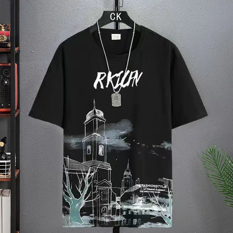 Men's Black Graphic T-Shirt with Tower Design Large - Image 4