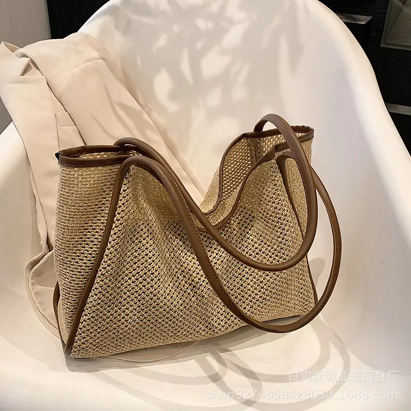 Women Straw Woven Beach Bag Large Capacity Brown - Image 7
