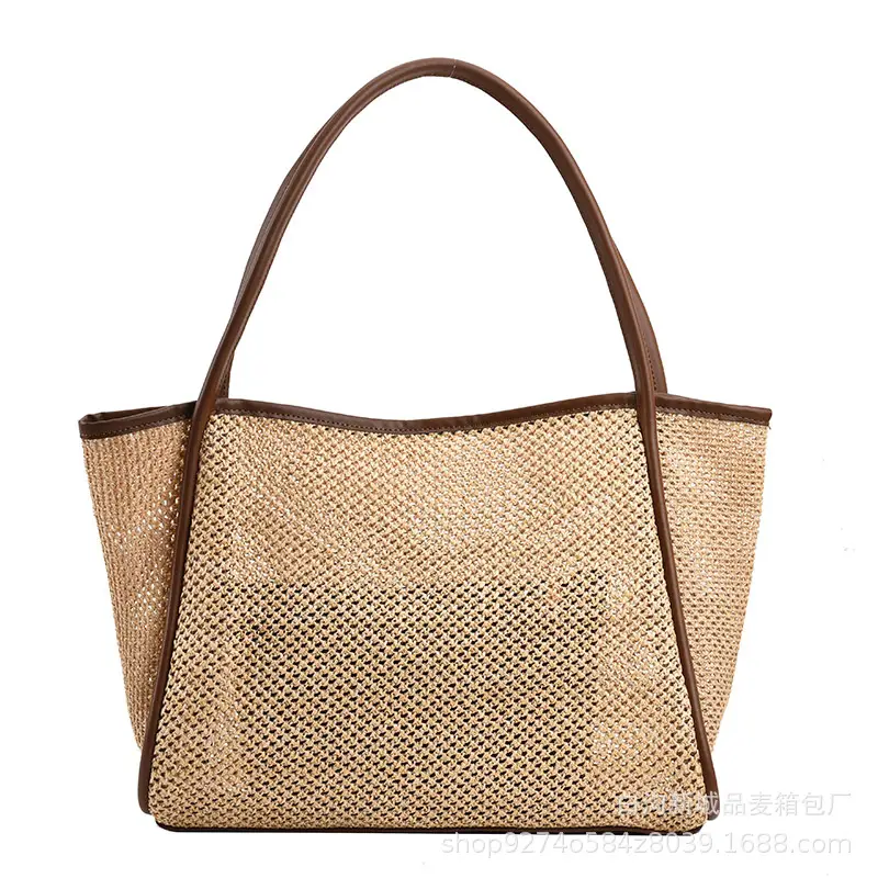 Women Straw Woven Beach Bag Large Capacity Brown - Image 8