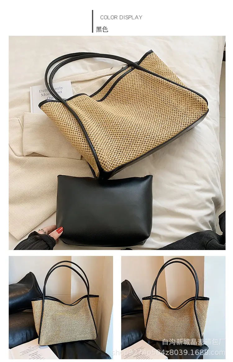 Women Straw Woven Beach Bag Large Capacity Brown — feature 10