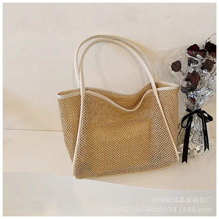 Women Straw Woven Beach Bag Large Capacity Brown - Image 2