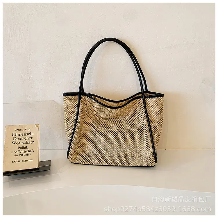 Women Straw Woven Beach Bag Large Capacity Brown - Image 3