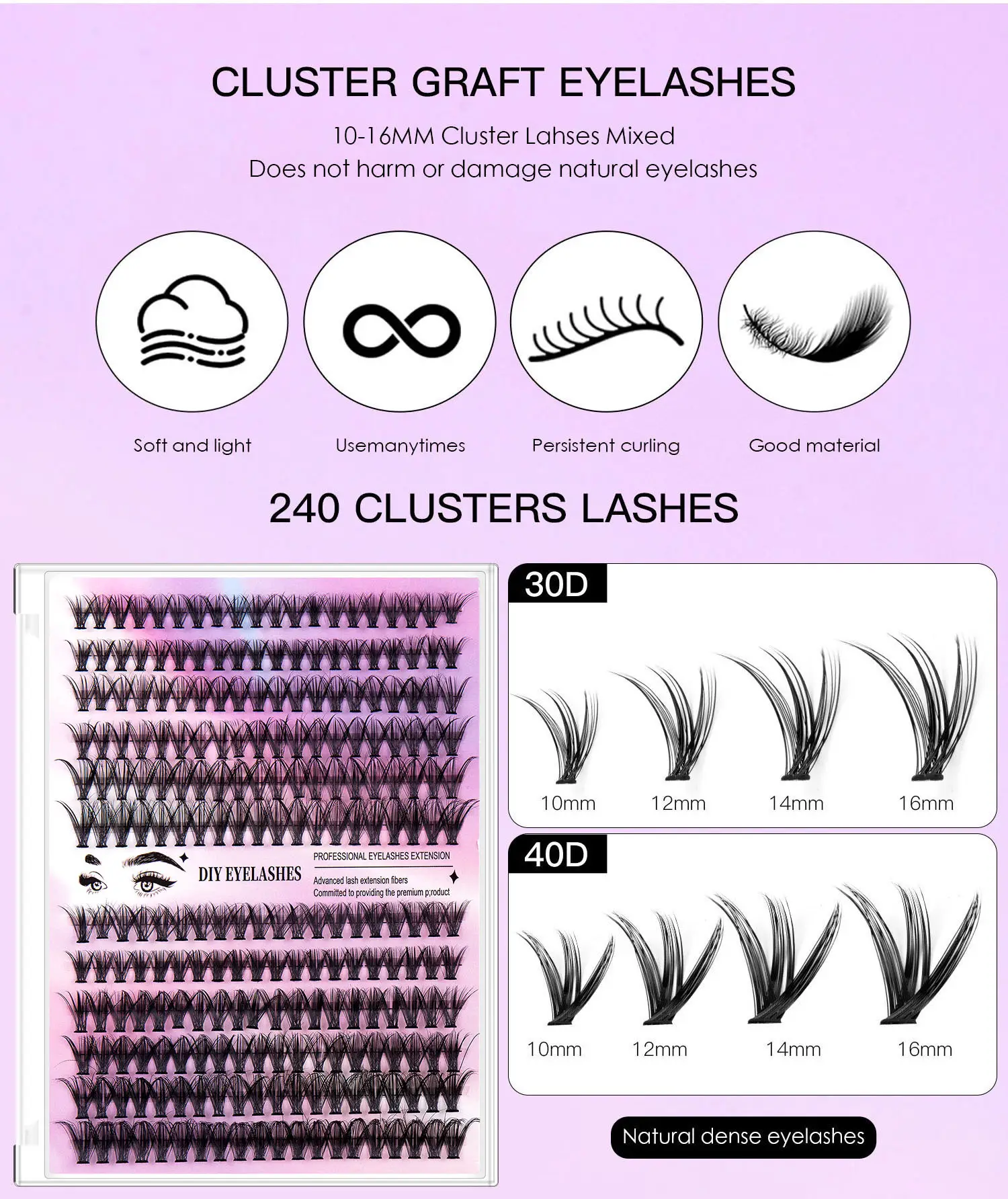 100 Clusters False Eyelashes 8-16mm Natural Large Capacity — feature 2