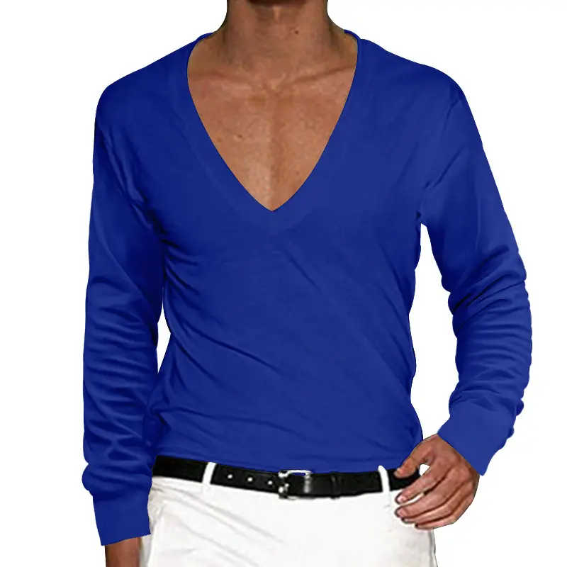 Men Blue V-Neck Long Sleeve T-Shirt Large - Image 8