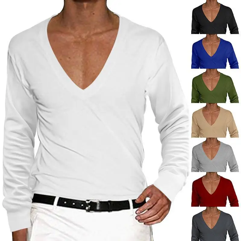 Men Blue V-Neck Long Sleeve T-Shirt Large — feature 4