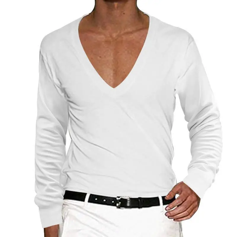 Men Blue V-Neck Long Sleeve T-Shirt Large — feature 5