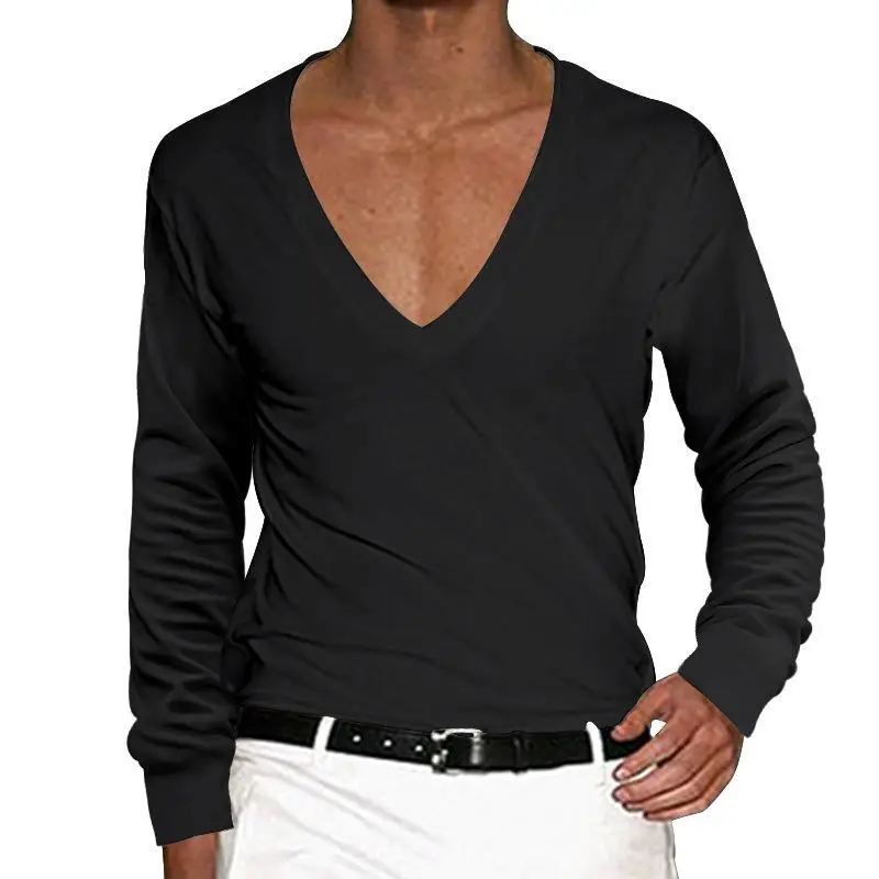 Men Blue V-Neck Long Sleeve T-Shirt Large — feature 7