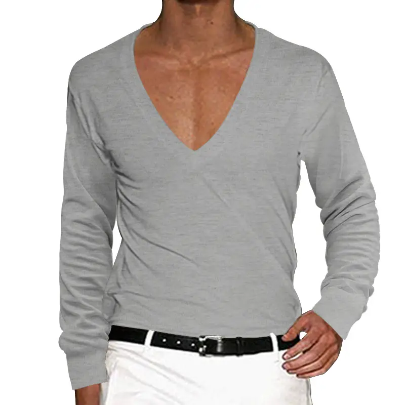 Men Blue V-Neck Long Sleeve T-Shirt Large - Image 4