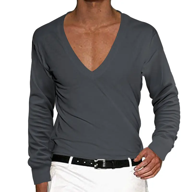 Men Blue V-Neck Long Sleeve T-Shirt Large - Image 5