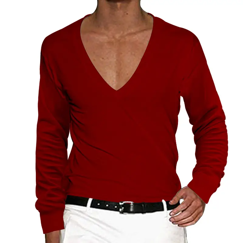 Men Blue V-Neck Long Sleeve T-Shirt Large - Image 6