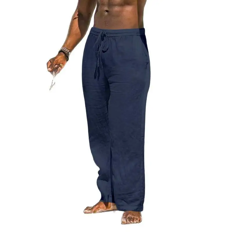 2025 Men's Wide Leg Linen Pants Light Blue - Image 9