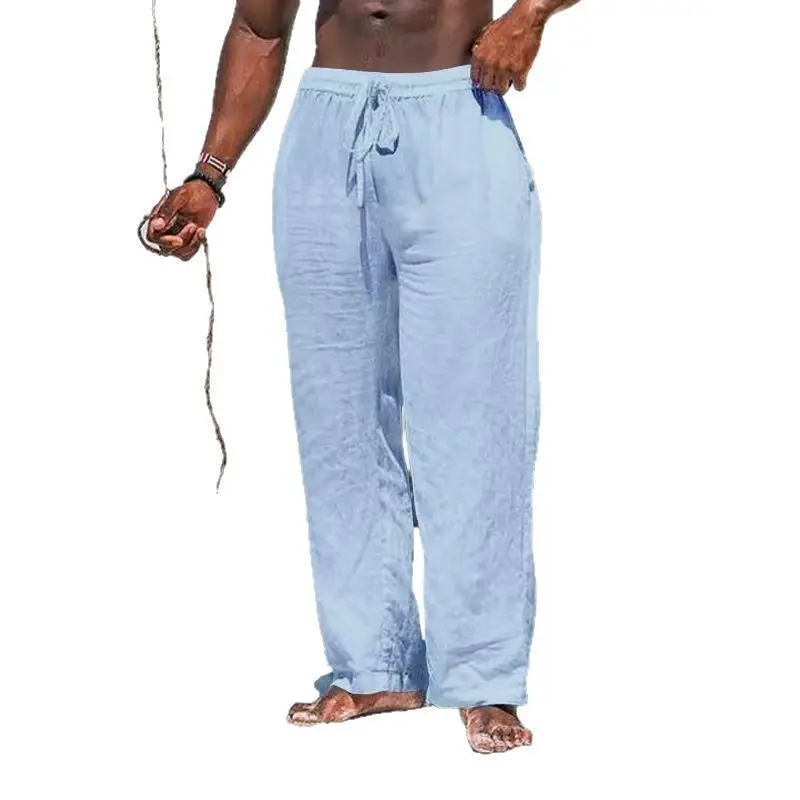 2025 Men's Wide Leg Linen Pants Light Blue - Image 12