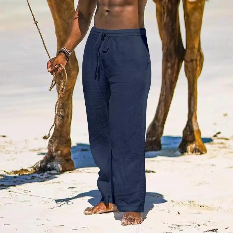 2025 Men's Wide Leg Linen Pants Light Blue — feature 10