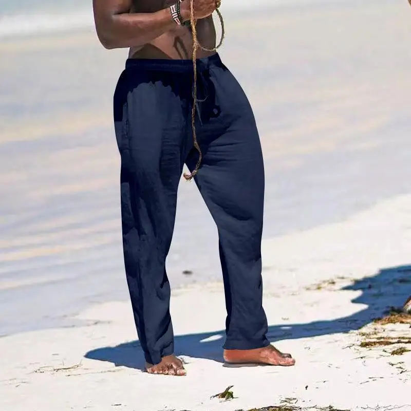 2025 Men's Wide Leg Linen Pants Light Blue — feature 11