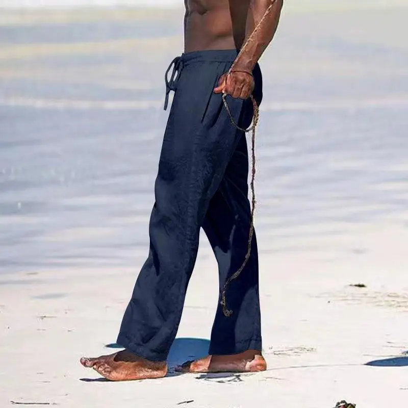 2025 Men's Wide Leg Linen Pants Light Blue — feature 12