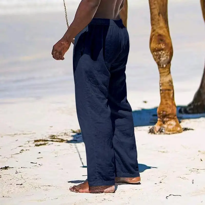 2025 Men's Wide Leg Linen Pants Light Blue — feature 13