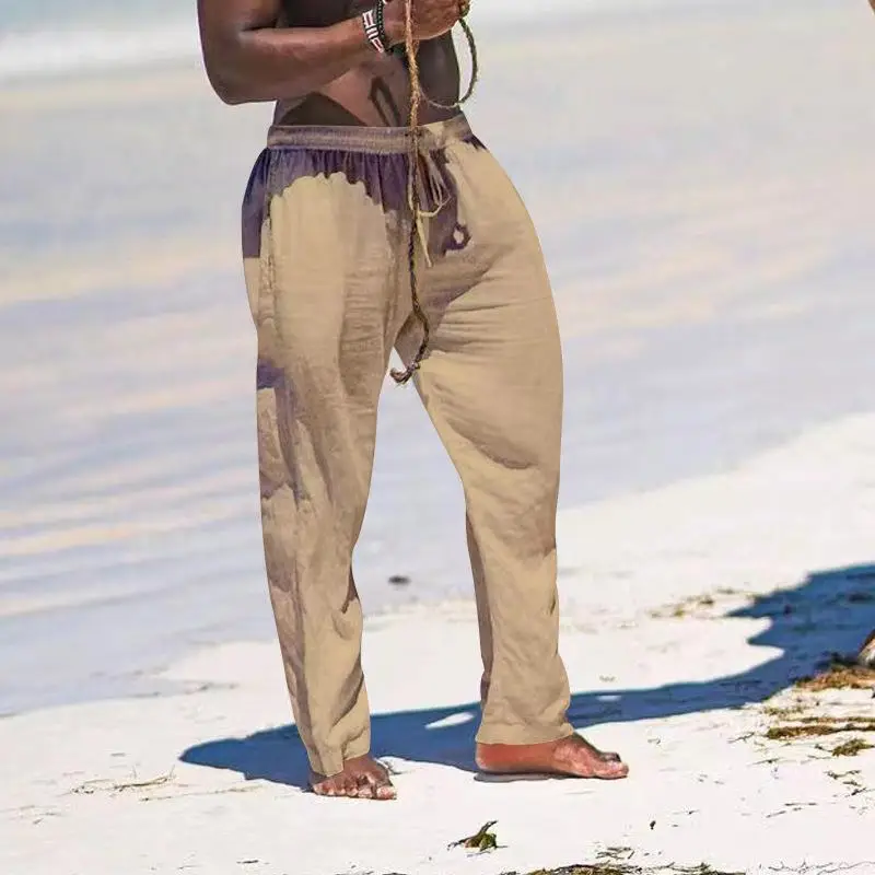 2025 Men's Wide Leg Linen Pants Light Blue — feature 19