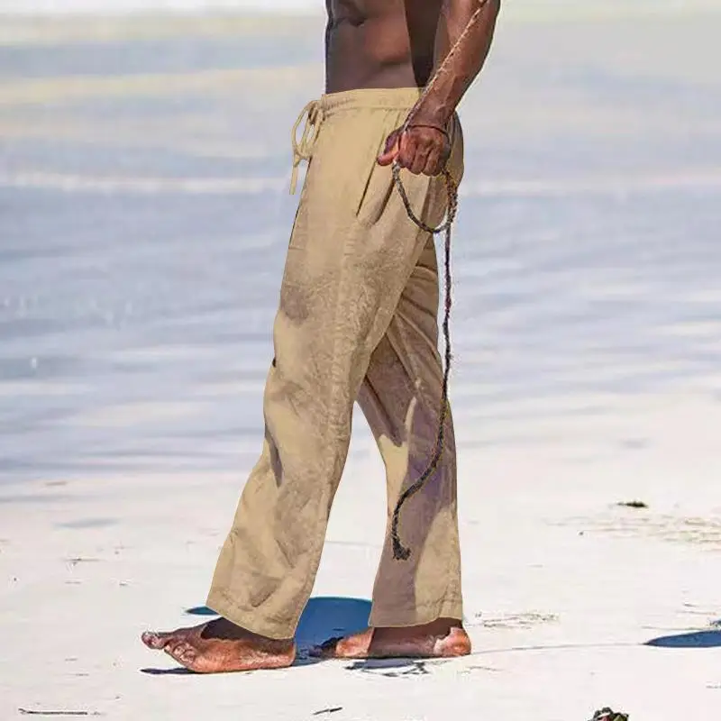 2025 Men's Wide Leg Linen Pants Light Blue — feature 20