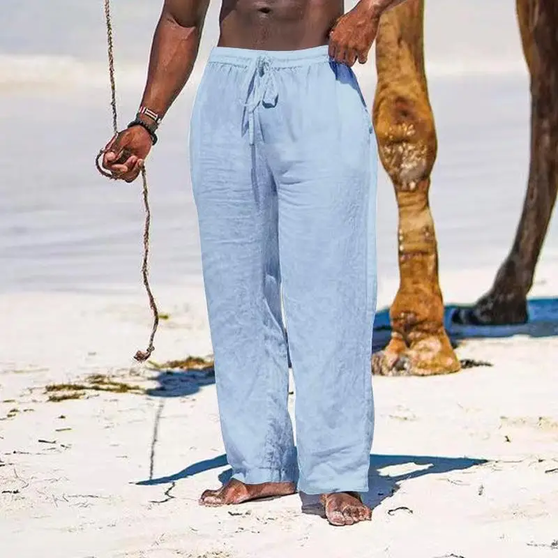 2025 Men's Wide Leg Linen Pants Light Blue — feature 23
