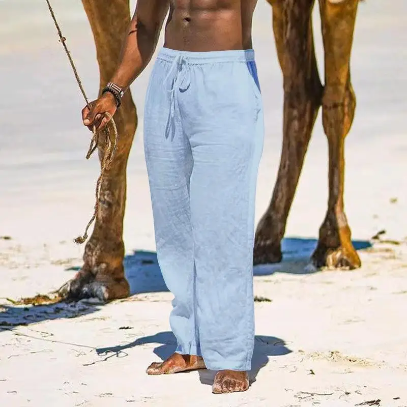 2025 Men's Wide Leg Linen Pants Light Blue — feature 24