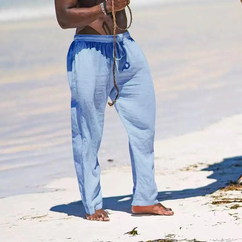 2025 Men's Wide Leg Linen Pants Light Blue — feature 25